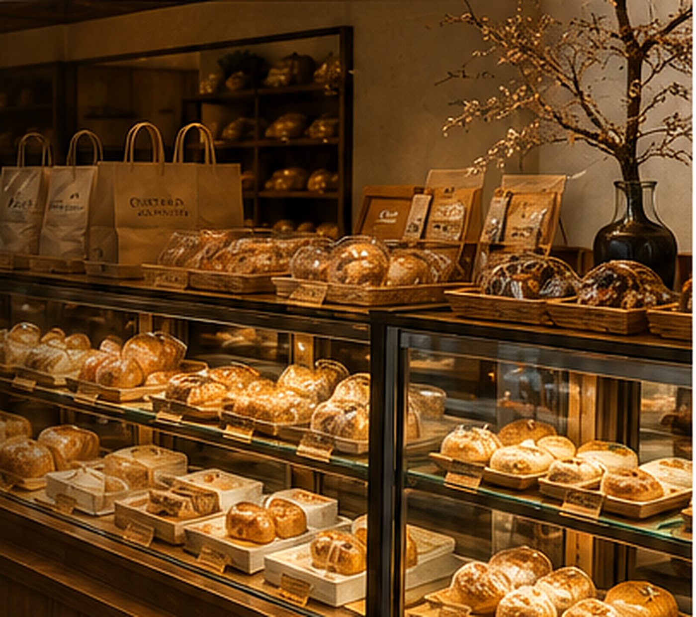 Warm bakery counter with takeaway bags and fresh breads in soft evening light